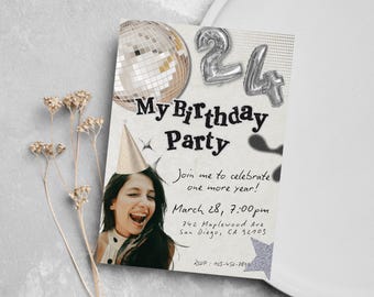 Retro Disco Ball 24th Birthday Invitation, Vintage Party Invite Custom Photo Editable Canva Template.