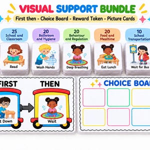 First Then Board, Choice Board, Reward Token, 150 Visual Schedule Cards, Visual Support Bundle