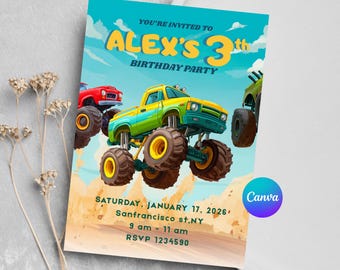 Monster Truck Birthday Invitation for Boy, Editable Canva Template. Instant Download.