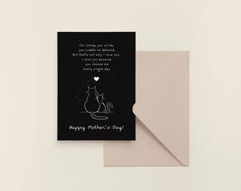 Cat Mother's Day Card, Minimalist Black Cat Art, Emotional Mom Quote (Digital Download)