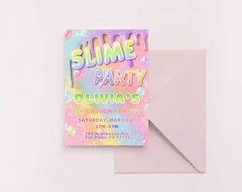 Birthday Invitation Slime for Girls, Rainbow Drip Glitter Party Invite, Editable Canva Template