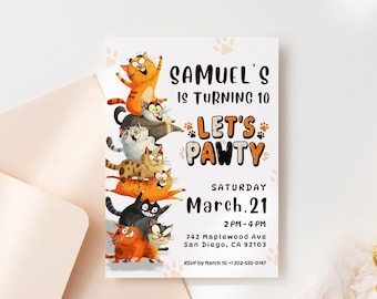 Stacked Cat Birthday Invitation Any Age, Chaotic Kitty Ten Party Kids Invite. Canva Template.