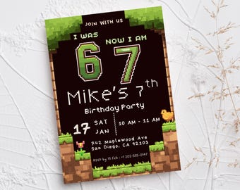 Pixel Block 7th Birthday Invitation, Retro Gaming Style, Editable Canva Template (Digital Download)