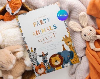 1st Party Animals Birthday Invitation, First Safari Bday Celebration, Zoo Theme Party, Canva Template.