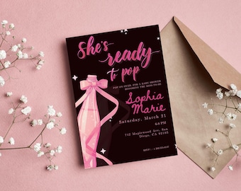 Black Pink Soda Pop Baby Shower Invitation, She's Ready to Pop (Canva Editable)