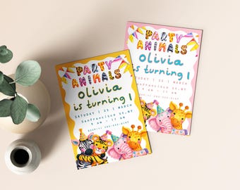 First Birthday Party Animals Invitation, Editable Safari Party Any Age (Digital Download)