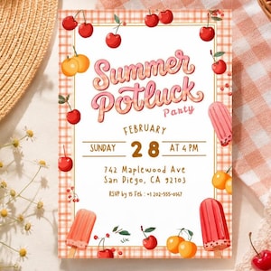 Könnte beinhalten: Eine Party-Einladung mit Kirsch- und Eis am Stiel-Motiv. Der Text lautet "Summer Potluck Party" mit dem Datum 28. Februar um 16:00 Uhr. Die Adresse lautet 742 Maplewood Ave, San Diego, CA 92103. RSVP bis 15. Feb.