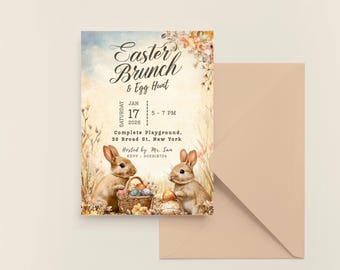Watercolor Easter Invitation, Floral Bunny Egg Hunt Brunch (Digital Download)