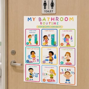 Puede incluir: Un póster educativo rectangular titulado My Bathroom Routine, Step by Step, I Can Do It! El póster presenta ocho ilustraciones coloridas numeradas que muestran a niños realizando tareas de baño como caminar, esperar, usar el inodoro y lavarse.