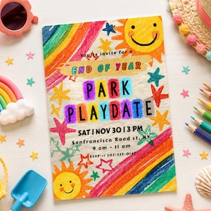May include: A rectangular invitation card featuring colorful crayon-style drawings of rainbows, smiling suns, and stars. The text reads: You're invite for a END OF YEAR PARK PLAYDATE SAT | NOV 30 | 3 PM Sanfrancisco Road st, NY 9 am - 11 am RSVP: +1 202-555-0147.