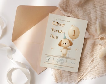 Watercolor Puppy 1st Birthday Invitation, Neutral Dog Party Invite, Editable (Digital Download)