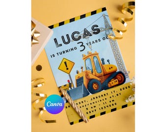 Construction Truck Birthday Invitation, Canva Template (Digital Download)