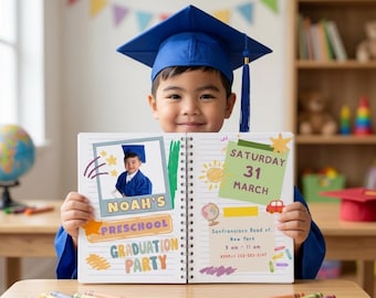Anuncio de graduación de jardín de infantes, invitación de graduación preescolar con arcoíris pastel, promoción de graduados de preescolar de 2026