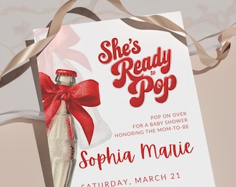 Red She’s Ready to Pop Baby Shower Invitation, Red Soda Bottle Theme, Canva Editable.