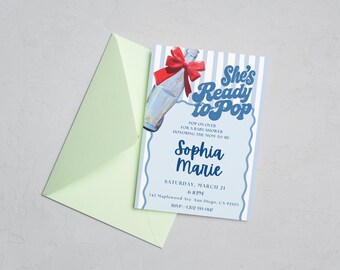 Blue Retro Soda Baby Shower Invitation, She's Ready To Pop Editable Canva Template