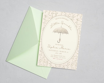 Floral Umbrella Baby Sprinkle Invitation, Neutral Floral Shower Invite (Canva Editable)
