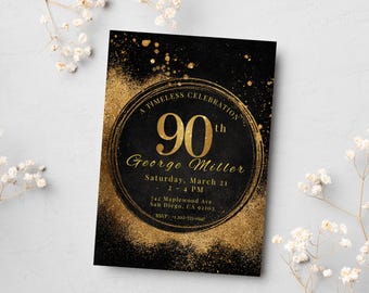 90th Birthday Invitation Black Gold Elegant, Gold Milestone Ninety Celebration Party Invite.