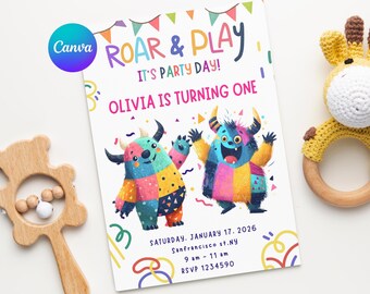Colorful Monster Birthday Invitation Editable Canva Template, 1st Monster Bash Bday Invite Celebration Party.