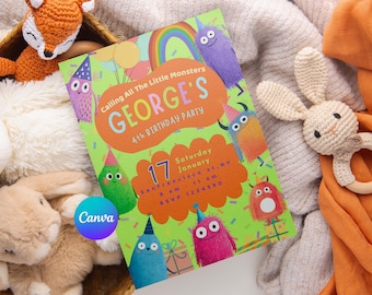 Neon Monster Kids Birthday Invitation, Colorful Creature Bday Party, Editable Canva Template, Instant Download.