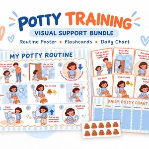 Puede incluir: Un conjunto de apoyo visual para el entrenamiento de ir al baño que incluye un póster de rutina, tarjetas didácticas, una tabla diaria y una hoja de pegatinas con forma de excremento, con ilustraciones y texto explicativo.
