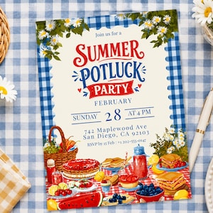 Op de afbeelding: Een rechthoekige uitnodigingskaart met een blauw-witte gingham rand en madeliefjes. De tekst luidt: Join us for a SUMMER POTLUCK PARTY FEBRUARY SUNDAY 28 AT 4 PM 742 Maplewood Ave San Diego, CA 92103 RSVP by 15 Feb: +1 202-555-0147.
