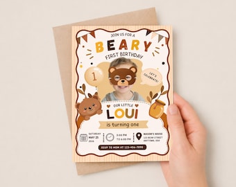 Beary First Birthday Invitation Boy | Teddy Bear 1st Birthday Party| Editable Photo Animal Mask