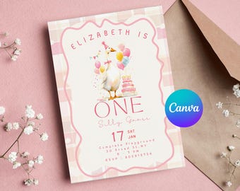 1st Silly Goose Birthday Invitation, Pink Kids Party Invite, Printable Goose Themed.