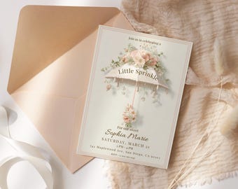 Neutral Floral Umbrella Baby Sprinkle Invitation, Editable Canva Template