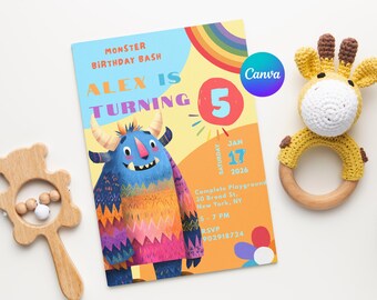 Orange Blue Monster Birthday Invitation Editable Canva Template, 5h Monster Bash Bday Invite Celebration Party.