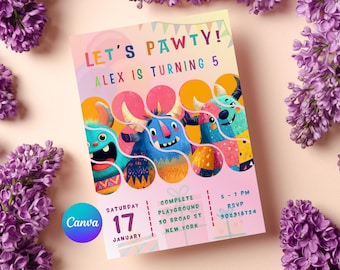 Pink Monster Birthday Invitation for Girls, Monster Bash Bday Celebration Part Canva Template.