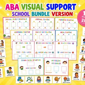 Puede incluir: Un paquete de apoyo visual ABA para la escuela con 12 tableros y 288 tarjetas visuales. El conjunto incluye tablas coloridas para horarios diarios, rutinas y situaciones sociales, con etiquetas de texto e ilustraciones de dibujos.