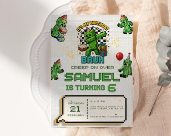 Invitación de cumpleaños con diseño de bloques pixelados, invitación para fiesta gamer, sube de nivel (descarga digital)