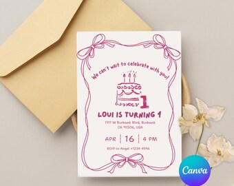 Editable Pink Ribbon Doodle Kids Birthday Invitation Template – Instant download