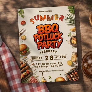 May include: A Summer BBQ Potluck Party invitation with a wooden background. The invitation features text and illustrations of food items like burgers and skewers. A spatula, checkered napkin, and a glass of iced tea are also visible.