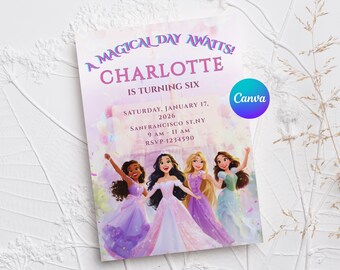 Purple Princess Castle Birthday Invitation Canva Template, Fairy Magical Kids Birthday Celebration, Girls Friendship Party.