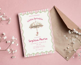 Pink Floral Umbrella Baby Shower Invitation, Little Sprinkle Invite Girl, Canva Editable.
