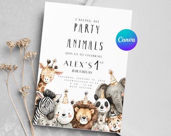 Party Animals Birthday Invitation, 1st Safari Invite Editable Canva.