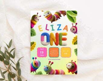 Caterpillar 1st Birthday Invitation, Garden Bug Turning ONE Party Invite, Canva Editable.