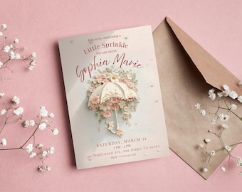 Pink Baby Sprinkle Invitation Girl, Floral Umbrella Baby Shower Invite, Editable Canva.