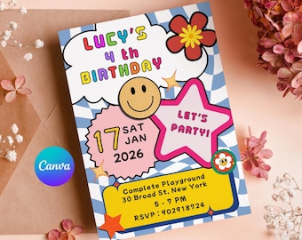 Colorful Retro Kids Birthday Invitation | Groovy Canva Party Template