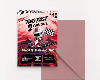 Invitación de cumpleaños de Dos rápidos y curiosos, invitación de cumpleaños número 2 con temática de autos de carreras (descarga digital)