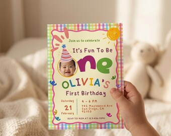 Colorful First Birthday Invitation, Fun To Be One Girl Invite (Canva Template)