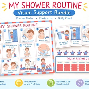 Peut inclure: Un ensemble de support visuel My Shower Routine comprenant une affiche numérotée avec douze étapes illustrées, quatre cartes mémo, un tableau de douche quotidien avec sept cases rouges festonnées pour les jours et huit autocollants étoiles bleues.