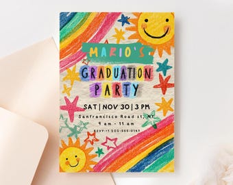 Invitación de graduación preescolar arcoíris, anuncio colorido de graduación preescolar, invitación para fiesta de jardín de infantes estilo doodle, plantilla de Canva