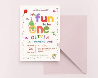 Colorful It's Fun to Be One Invitation Boy, Rainbow First Birthday Invite, Digital Download
