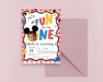 Fun To Be One Mickey First Birthday Invitation | Photo Editable Canva Template