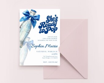 She’s Ready to Pop Baby Shower Invitation, Blue Soda Theme, Canva Editable.