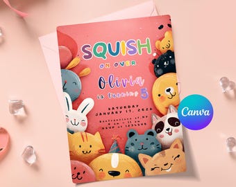 Squishmallow Birthday Invitation, Pink Plush Party Invite, Squish Girl Birthday Editable Canva Template.