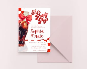 She’s Ready to Pop Baby Shower Invitation, Retro Soda Bottle Invitation, Canva Editable.