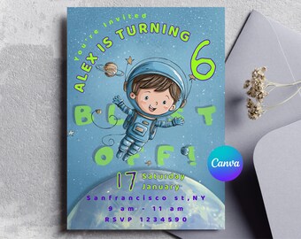 Editable Blue Boy Astronaut Outer Space Birthday Invitation, Galaxy Cosmic Kids Bday Party Celebration.